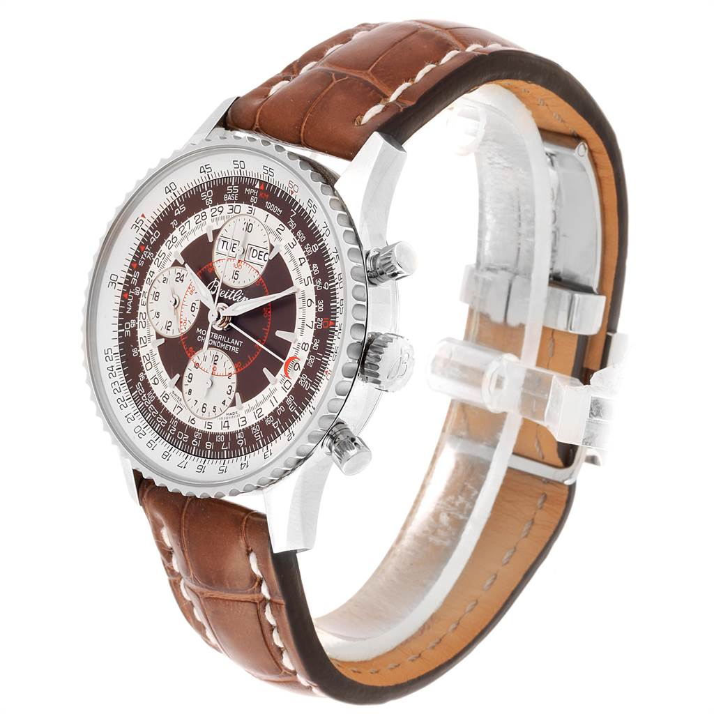 The Breitling Navitimer A21330 Men's Stainless Steel Brown Dial A21330 Men's Stainless Steel Brown Dial watch is shown at an angle displaying the face, crown, strap, and pushers.