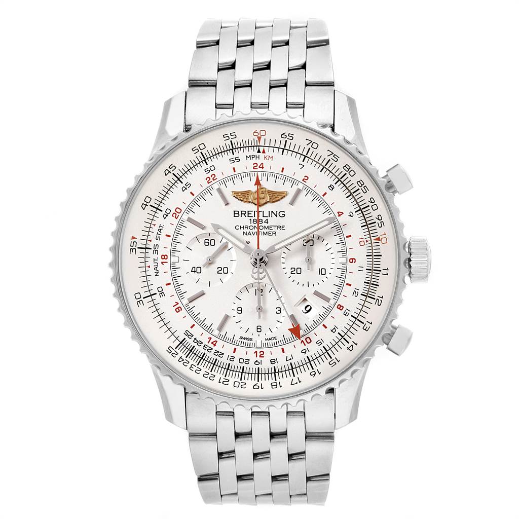 The image shows a front view of a Breitling Navitimer AB044121-G783-453A Men's Stainless Steel Silver Dial AB044121-G783-453A Men's Stainless Steel Silver Dial watch, highlighting its detailed dial and stainless steel bracelet.