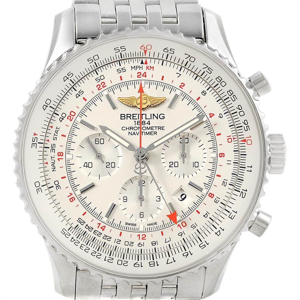 The image shows a front view of a Breitling Navitimer AB044121-G783-453A Men's Stainless Steel Silver Dial AB044121-G783-453A Men's Stainless Steel Silver Dial watch with a detailed face and metal bracelet.