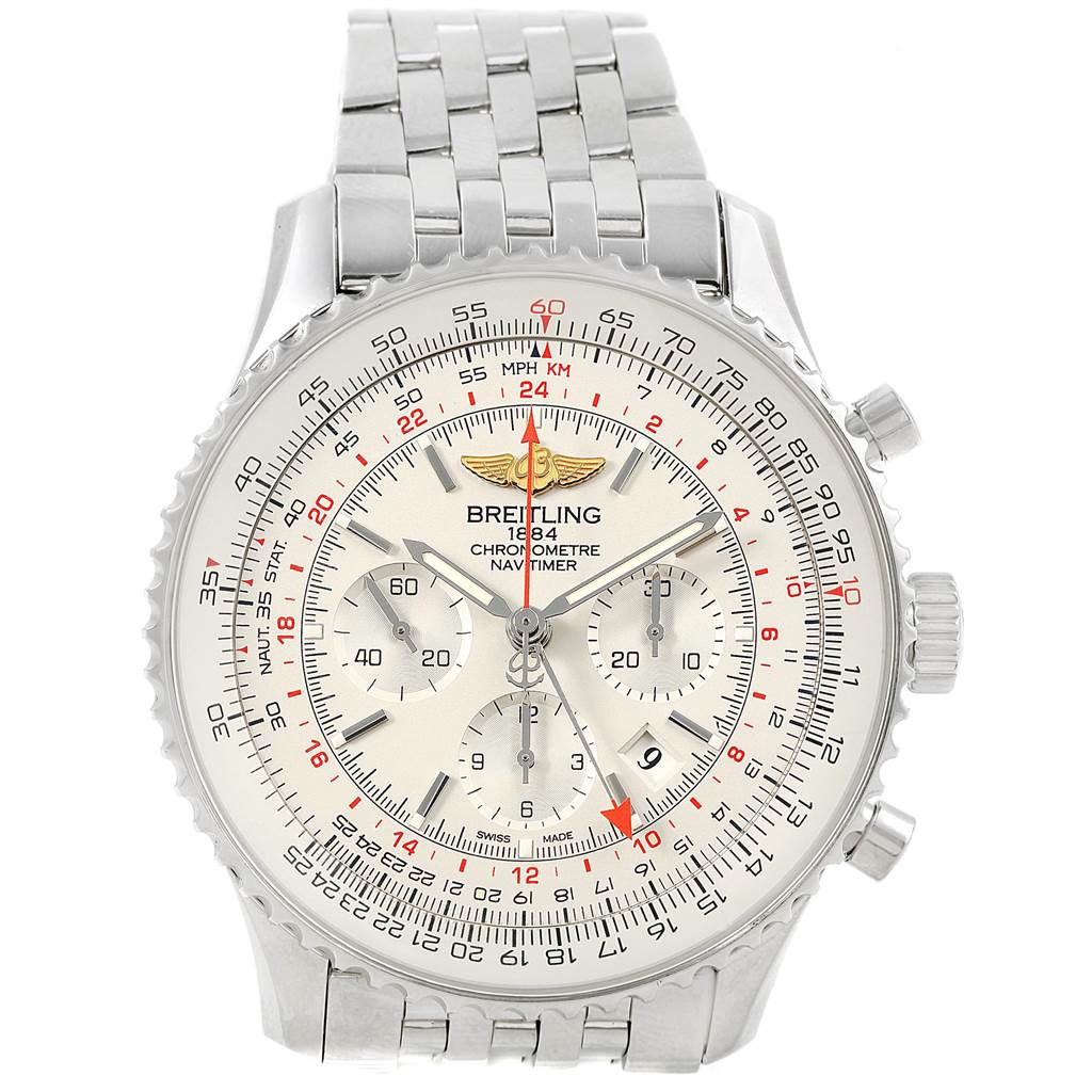 This image shows a front view of the Breitling Navitimer AB044121-G783-453A Men's Stainless Steel Silver Dial AB044121-G783-453A Men's Stainless Steel Silver Dial watch, highlighting the dial, bezel, and bracelet.