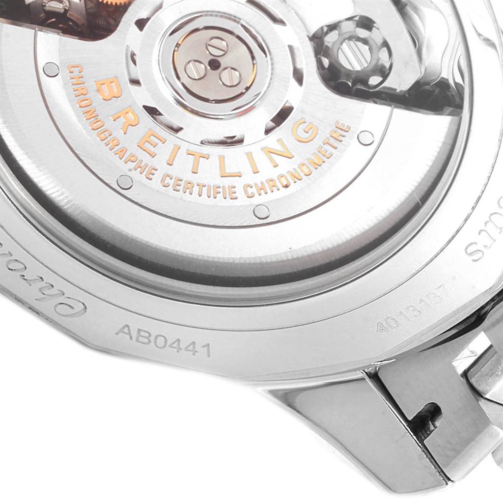This image shows the back view of a Breitling Navitimer AB044121-G783-453A Men's Stainless Steel Silver Dial AB044121-G783-453A Men's Stainless Steel Silver Dial watch, highlighting the inner mechanism and branding.