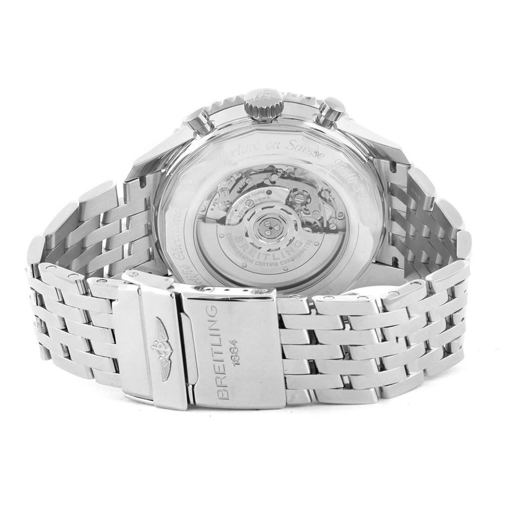 The image shows the back view of a Breitling Navitimer AB044121-G783-453A Men's Stainless Steel Silver Dial AB044121-G783-453A Men's Stainless Steel Silver Dial watch, highlighting its transparent case back and detailed bracelet clasp.