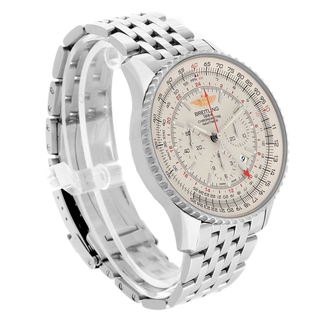 The image shows a side angle of a Breitling Navitimer AB044121-G783-453A Men's Stainless Steel Silver Dial AB044121-G783-453A Men's Stainless Steel Silver Dial watch, highlighting its dial and metal bracelet.