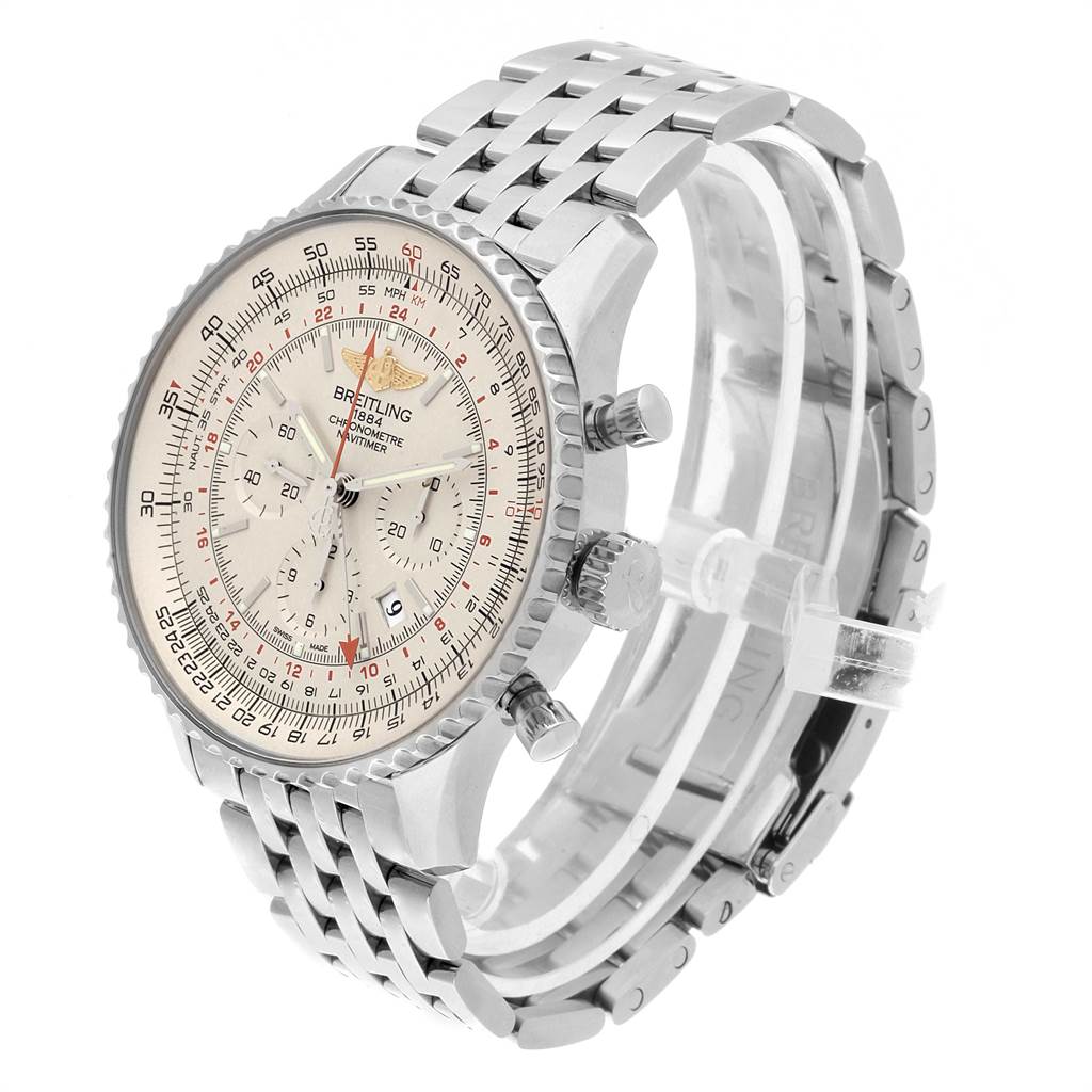The image shows a side view of the Breitling Navitimer AB044121-G783-453A Men's Stainless Steel Silver Dial AB044121-G783-453A Men's Stainless Steel Silver Dial, featuring its bezel, dial, crown, pushers, and bracelet.