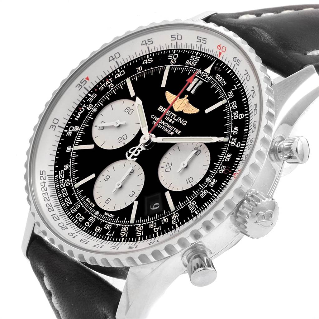 The image shows a close-up angle of the Breitling Navitimer AB0120 Men's Stainless Steel Black Dial AB0120 Men's Stainless Steel Black Dial watch, highlighting its dial, bezel, chronograph subdials, and pushers.