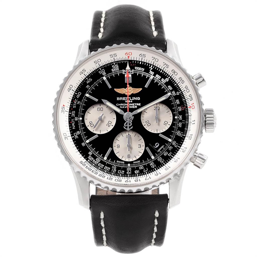 The Breitling Navitimer AB0120 Men's Stainless Steel Black Dial AB0120 Men's Stainless Steel Black Dial watch is shown from a front angle, displaying its black dial, chronographs, and black leather strap.