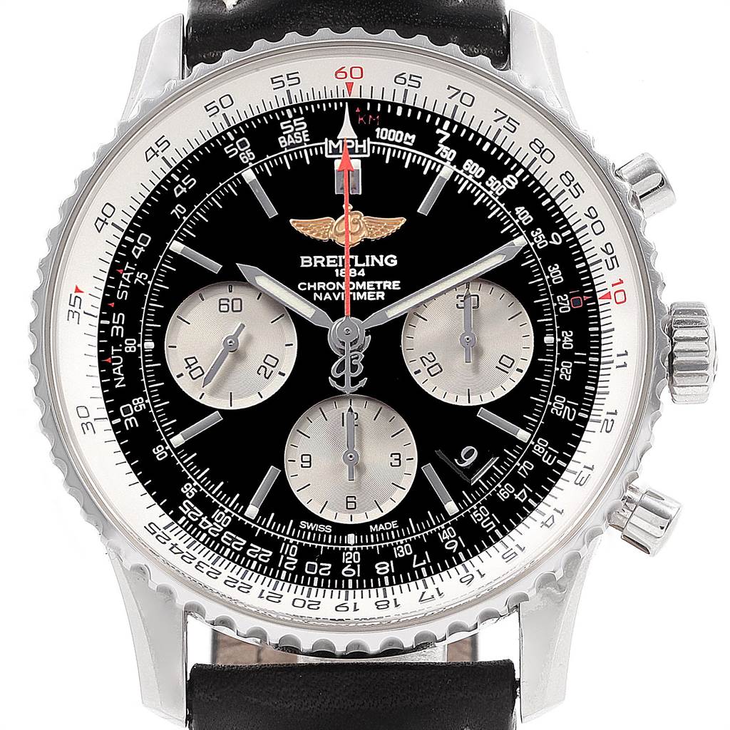 The image shows a frontal view of the Breitling Navitimer AB0120 Men's Stainless Steel Black Dial AB0120 Men's Stainless Steel Black Dial watch, highlighting the dial, bezel, subdials, and the crown.
