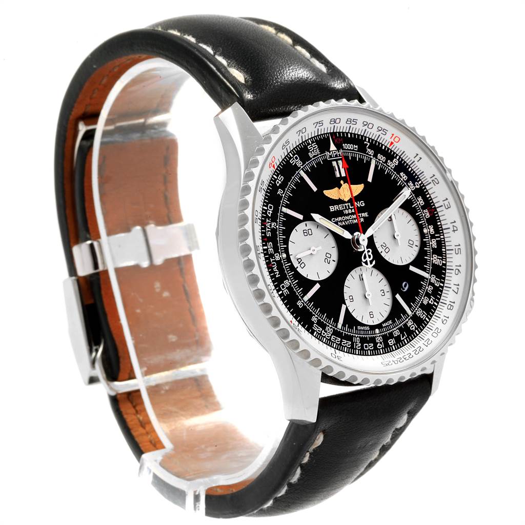 The image shows a close-up, tilted front view of a Breitling Navitimer AB0120 Men's Stainless Steel Black Dial AB0120 Men's Stainless Steel Black Dial watch, highlighting its black dial, subdials, bezel, and black leather strap.