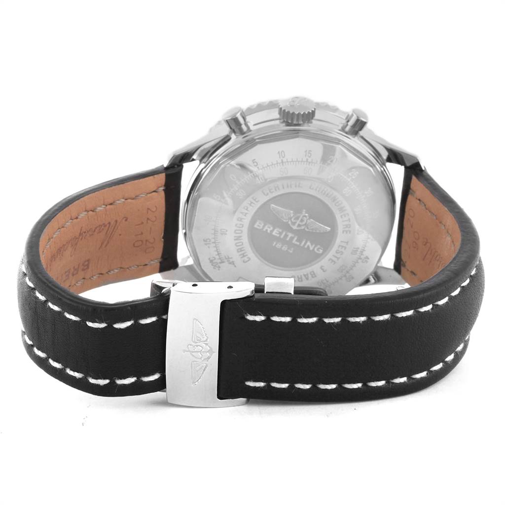The image shows the back view of a Breitling Navitimer AB0120 Men's Stainless Steel Black Dial AB0120 Men's Stainless Steel Black Dial watch, highlighting its leather strap and clasp.