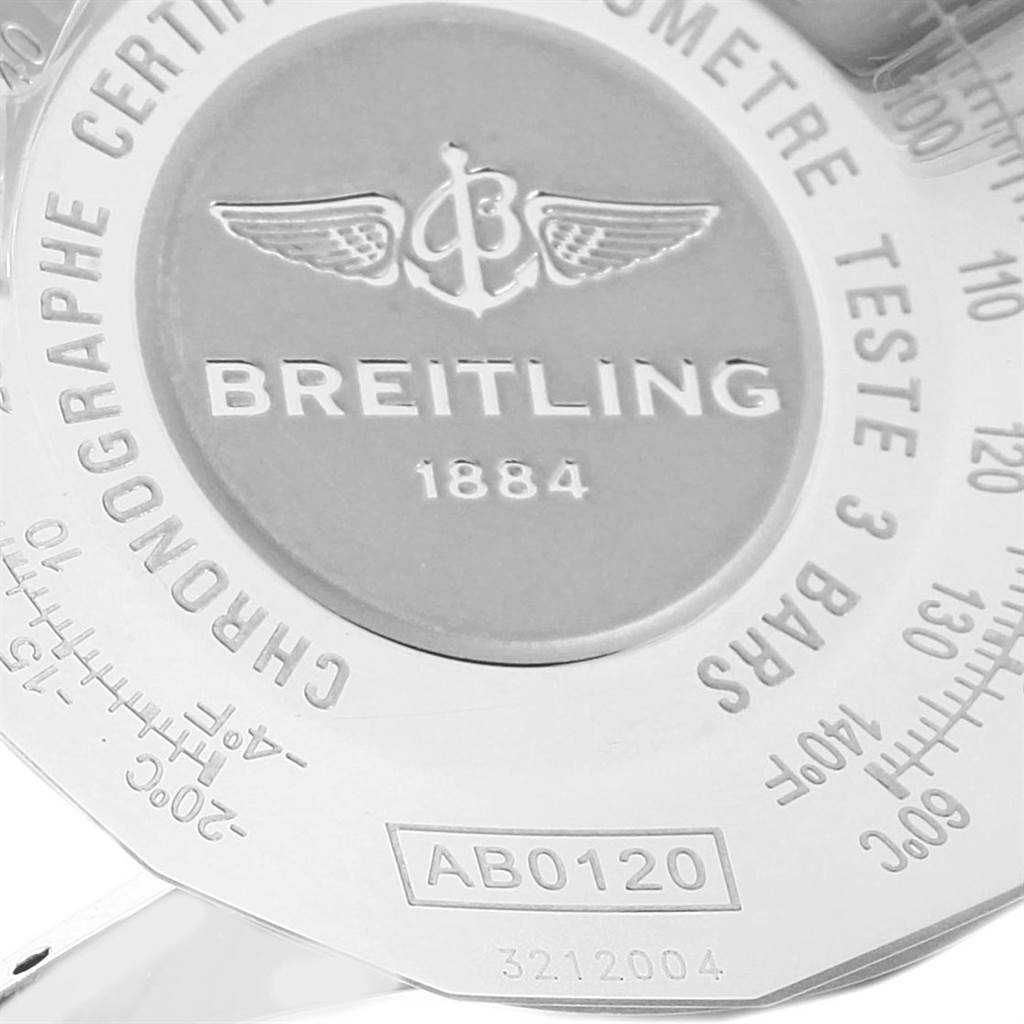 This close-up angle shows the back of a Breitling Navitimer AB0120 Men's Stainless Steel Black Dial AB0120 Men's Stainless Steel Black Dial watch, highlighting the logo, model number, and certification markings.