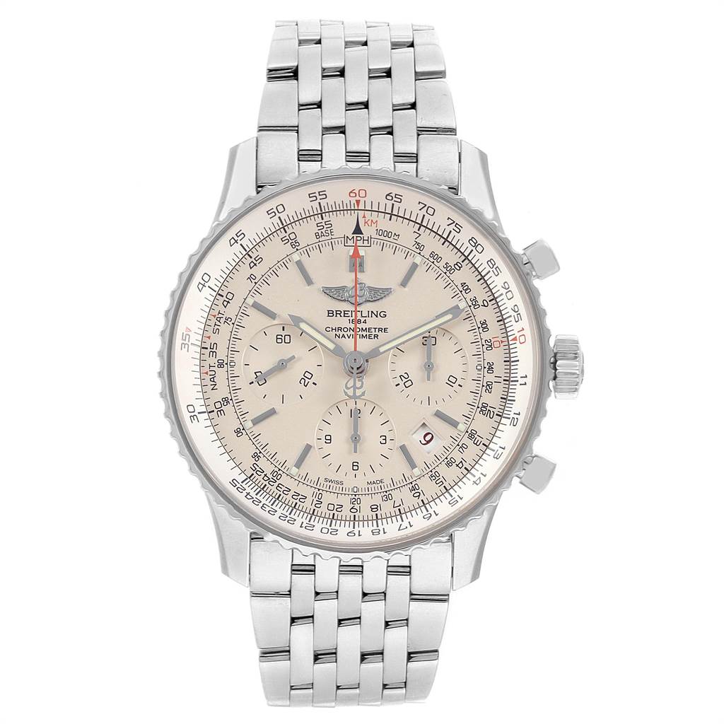 This Breitling Navitimer AB0123 Men's Stainless Steel Silver Dial AB0123 Men's Stainless Steel Silver Dial watch is shown from a top-down angle, displaying its dial, bezel, crown, pushers, and bracelet.