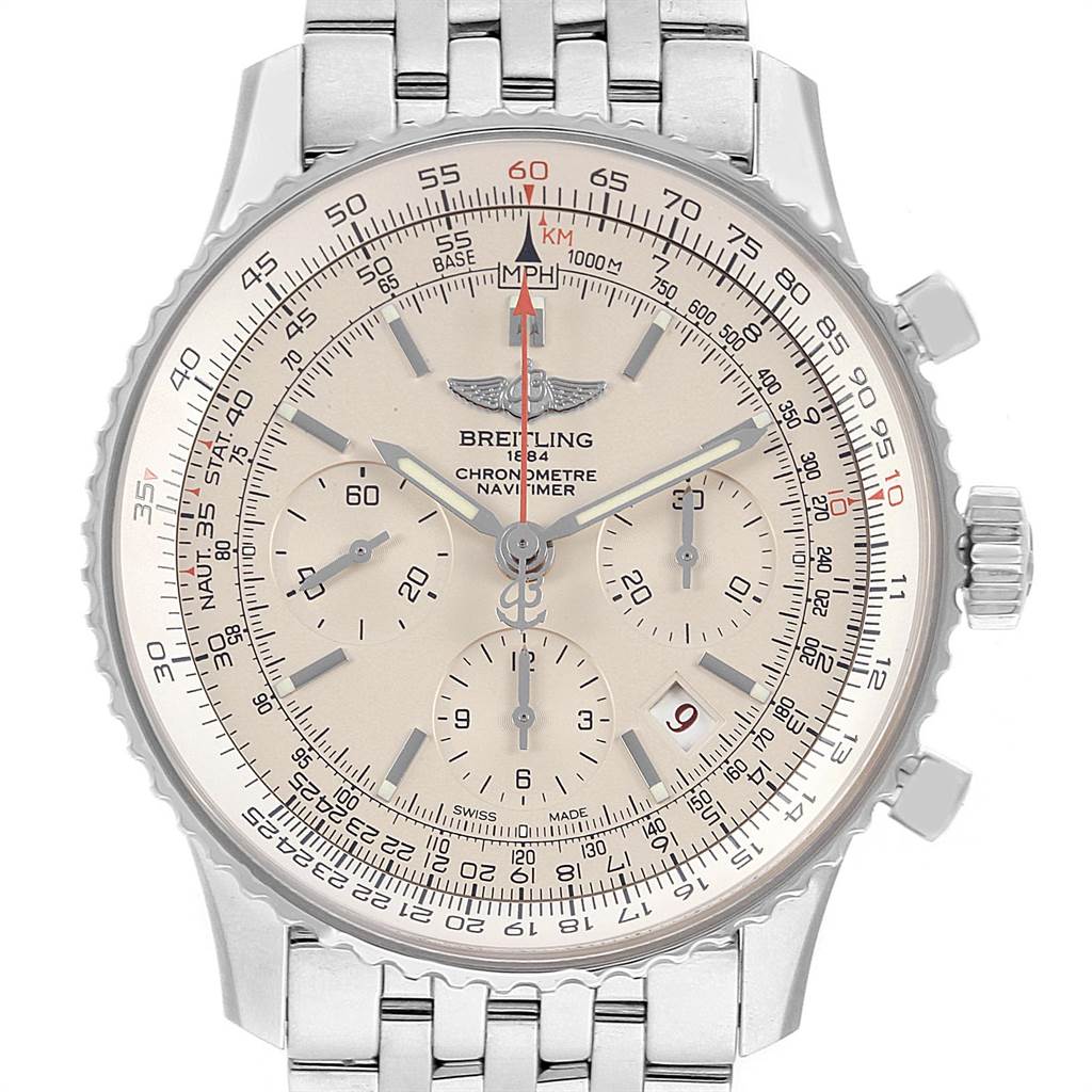 This image shows the face, bezel, and bracelet of the Breitling Navitimer AB0123 Men's Stainless Steel Silver Dial AB0123 Men's Stainless Steel Silver Dial watch taken from a top-down angle.
