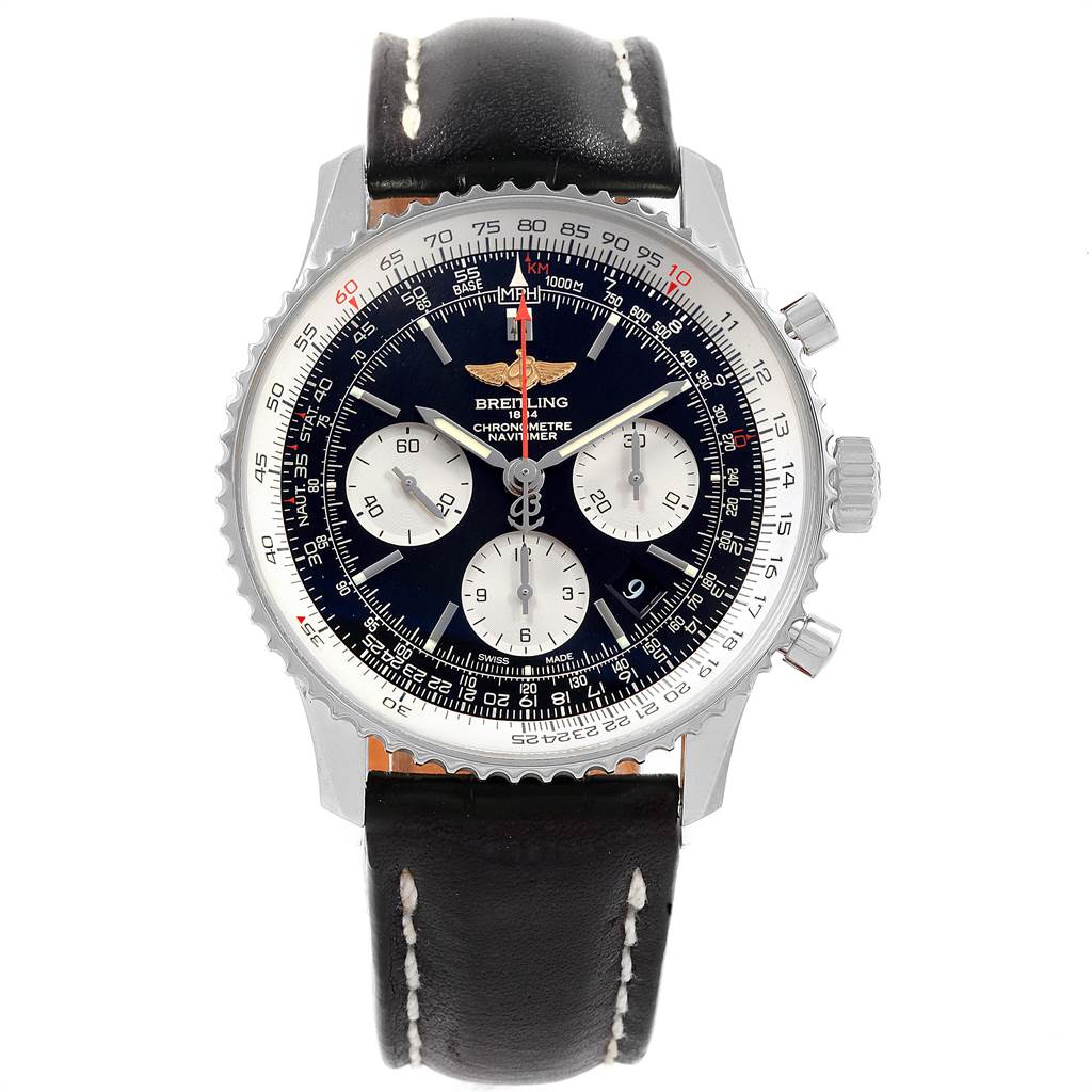 The image shows a front view of the Breitling Navitimer AB0120 Men's Stainless Steel Black Dial AB0120 Men's Stainless Steel Black Dial watch, highlighting the detailed dial, bezel, crown, and leather strap.