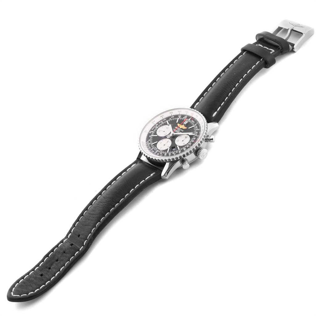 The image shows a Breitling Navitimer AB0120 Men's Stainless Steel Black Dial AB0120 Men's Stainless Steel Black Dial watch at a slight side angle, featuring its leather strap, stainless steel case, and dial.