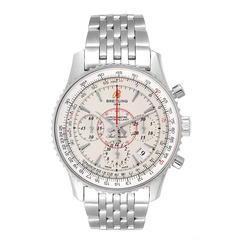 The image shows a front view of a Breitling Navitimer AB0131 Men's Stainless Steel Silver Dial AB0131 Men's Stainless Steel Silver Dial watch, featuring its face, band, and side buttons.