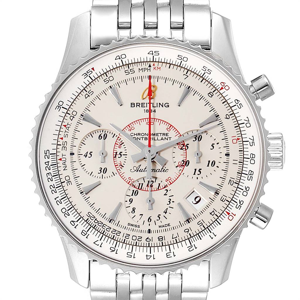 The image shows a close-up, front view of a Breitling Navitimer AB0131 Men's Stainless Steel Silver Dial AB0131 Men's Stainless Steel Silver Dial watch with its dial, bezel, and a portion of the metal bracelet.