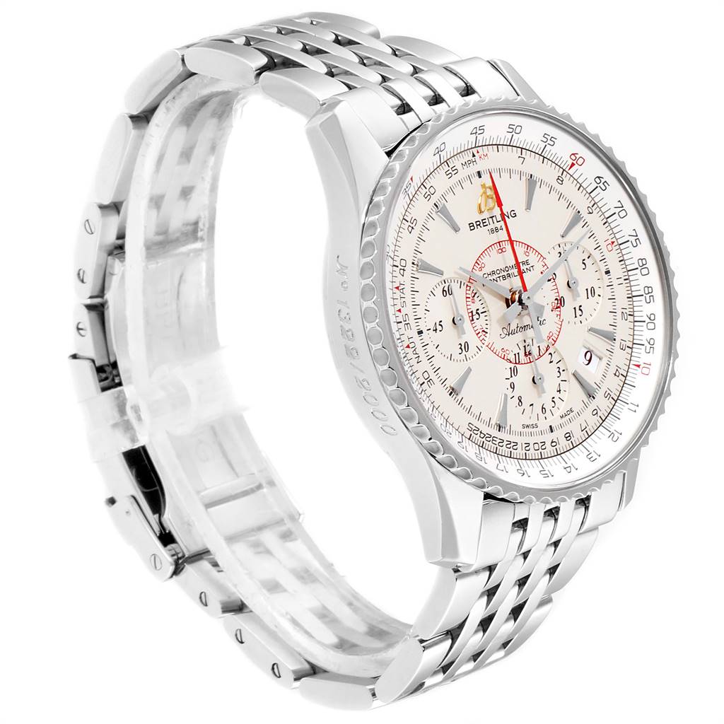 The image shows a side angle of a Breitling Navitimer AB0131 Men's Stainless Steel Silver Dial AB0131 Men's Stainless Steel Silver Dial watch featuring its face, bezel, and part of its metal bracelet.
