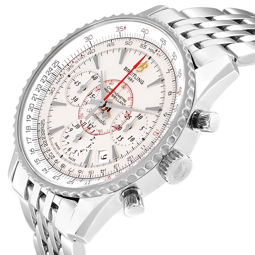 The image shows a close-up angle of the Breitling Navitimer AB0131 Men's Stainless Steel Silver Dial AB0131 Men's Stainless Steel Silver Dial watch, highlighting the face, bezel, crown, and part of the bracelet.