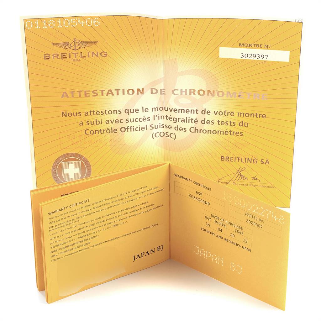 This image shows the warranty certificate and chronometer certification for a Breitling Navitimer AB0131 Men's Stainless Steel Silver Dial AB0131 Men's Stainless Steel Silver Dial watch.