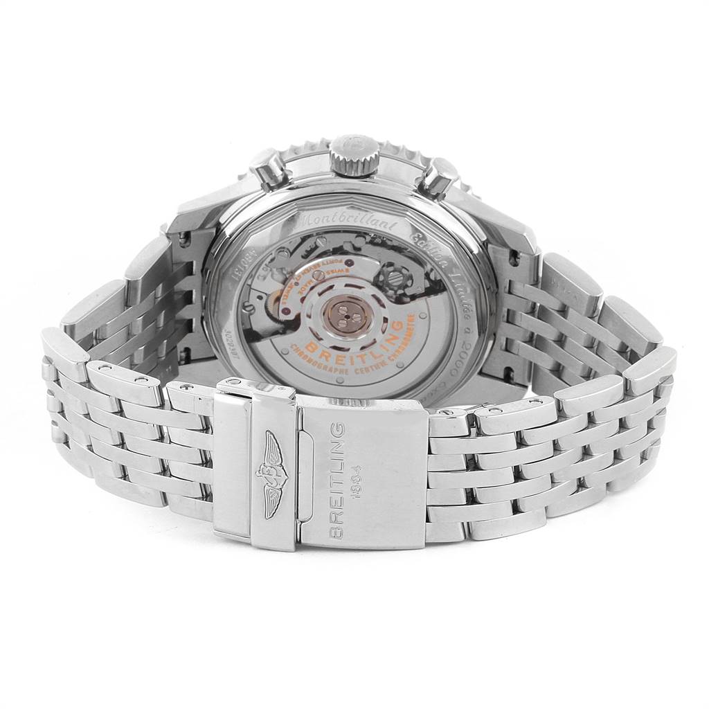 The image shows the back view of a Breitling Navitimer AB0131 Men's Stainless Steel Silver Dial AB0131 Men's Stainless Steel Silver Dial watch, highlighting its exposed movement and metal bracelet.