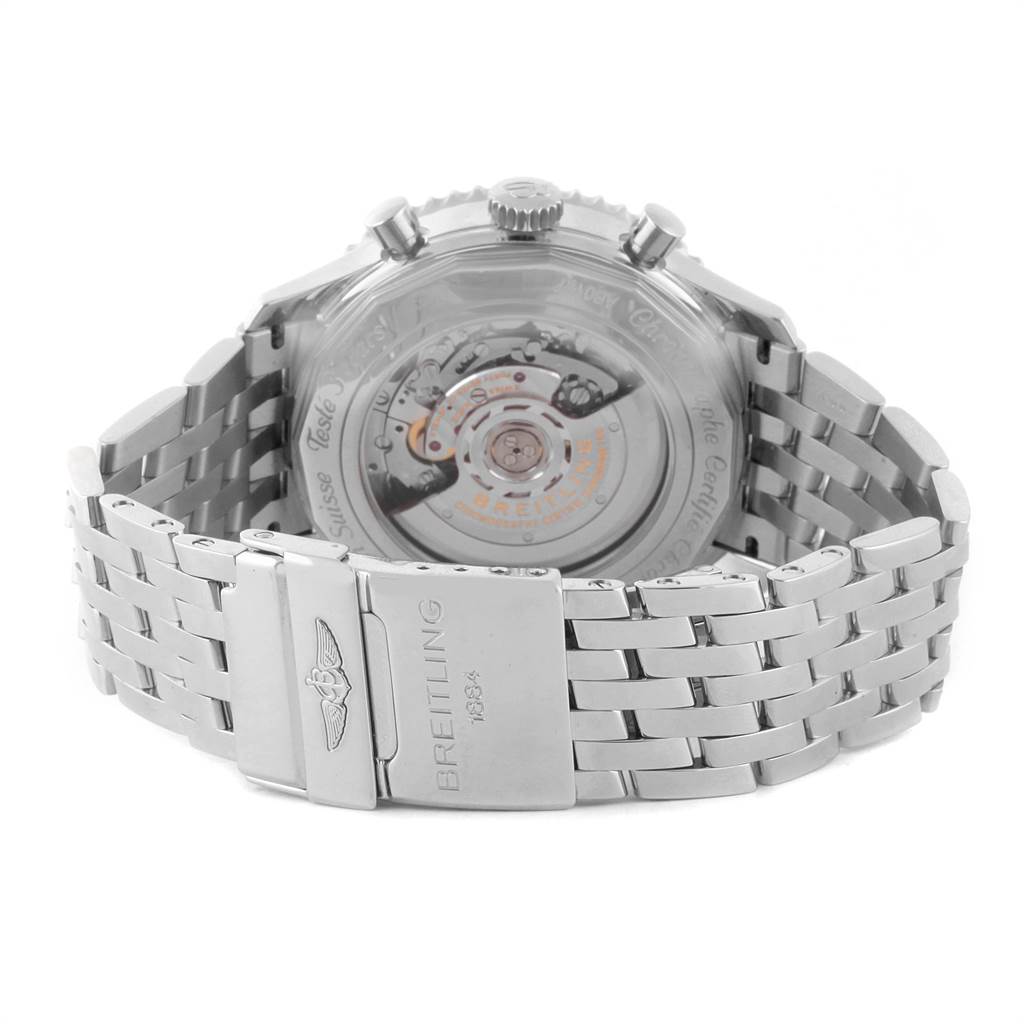 The image shows the back of a Breitling Navitimer AB012721-C889-453A Men's Stainless Steel Blue Dial AB012721-C889-453A Men's Stainless Steel Blue Dial watch, focusing on the movement and stainless steel bracelet with a clasp.