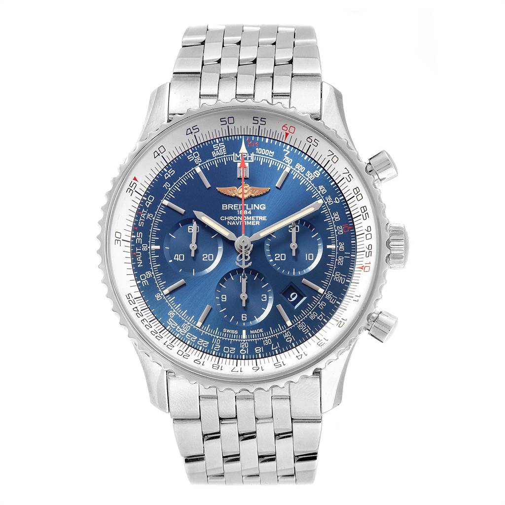 The Breitling Navitimer AB012721-C889-453A Men's Stainless Steel Blue Dial AB012721-C889-453A Men's Stainless Steel Blue Dial watch is shown from a front angle, highlighting the dial, bezel, and metal bracelet.