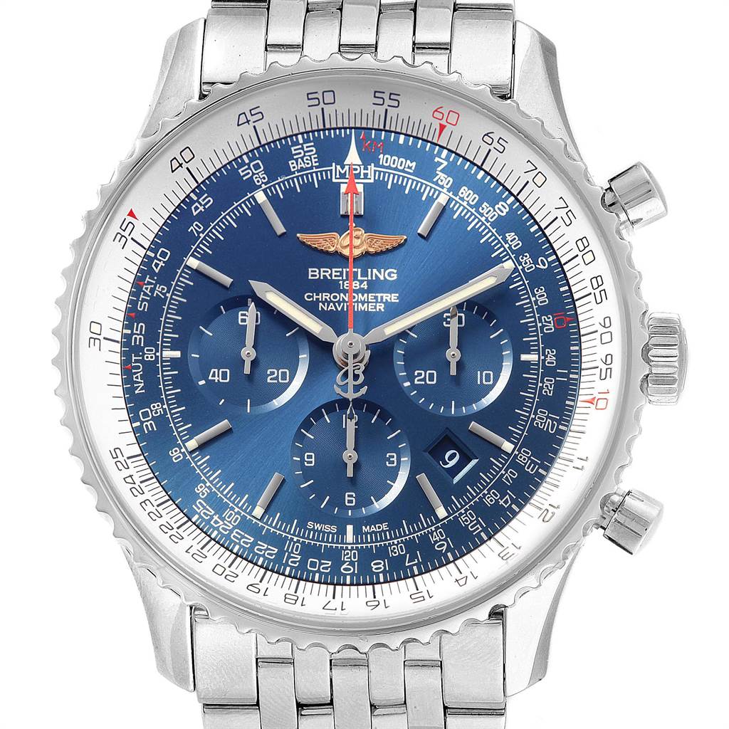 This image shows a frontal view of a Breitling Navitimer AB012721-C889-453A Men's Stainless Steel Blue Dial AB012721-C889-453A Men's Stainless Steel Blue Dial watch, highlighting the dial, chronograph subdials, and bezel.