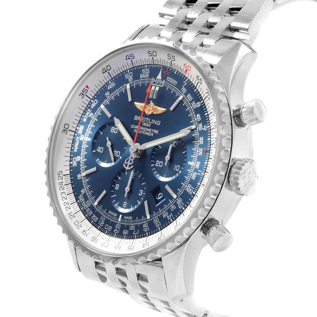 The Breitling Navitimer AB012721-C889-453A Men's Stainless Steel Blue Dial AB012721-C889-453A Men's Stainless Steel Blue Dial watch shown is angled from the front-right side, displaying the face, bezel, crown, and pushers.