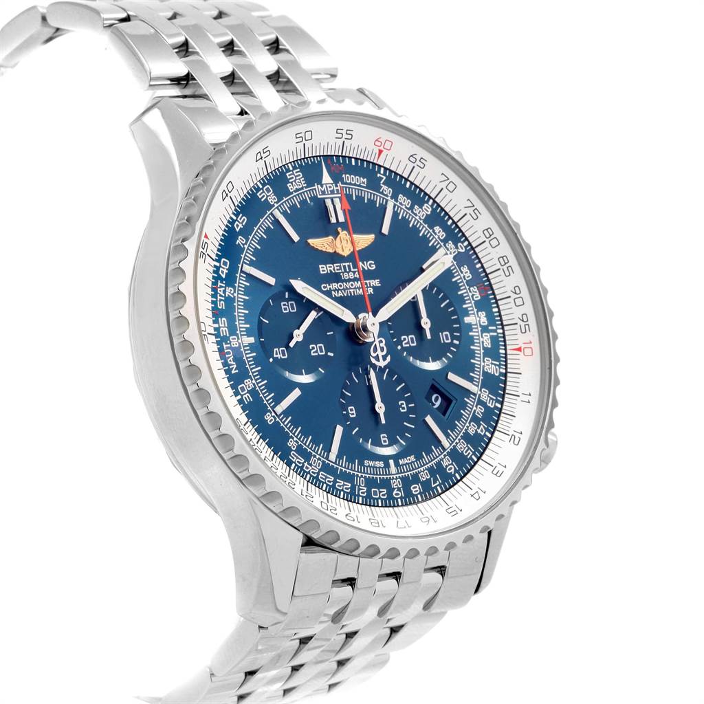 The image shows a Breitling Navitimer AB012721-C889-453A Men's Stainless Steel Blue Dial AB012721-C889-453A Men's Stainless Steel Blue Dial watch angled from the top-left, highlighting the dial, bezel, and part of the bracelet.