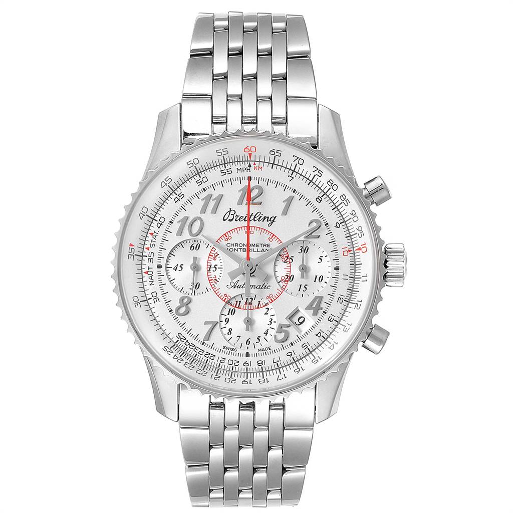 The image shows a front view of a Breitling Navitimer AB0131 Men's Stainless Steel Silver Dial AB0131 Men's Stainless Steel Silver Dial watch, displaying its dial, bezel, crown, pushers, and bracelet.