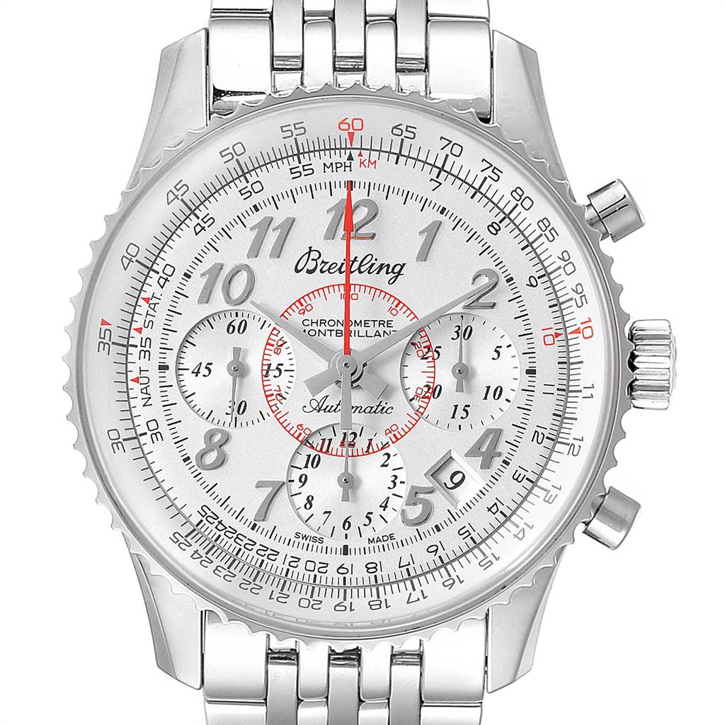 The image shows a front view of the Breitling Navitimer AB0131 Men's Stainless Steel Silver Dial AB0131 Men's Stainless Steel Silver Dial watch, highlighting the dial, subdials, bezel, and bracelet links.