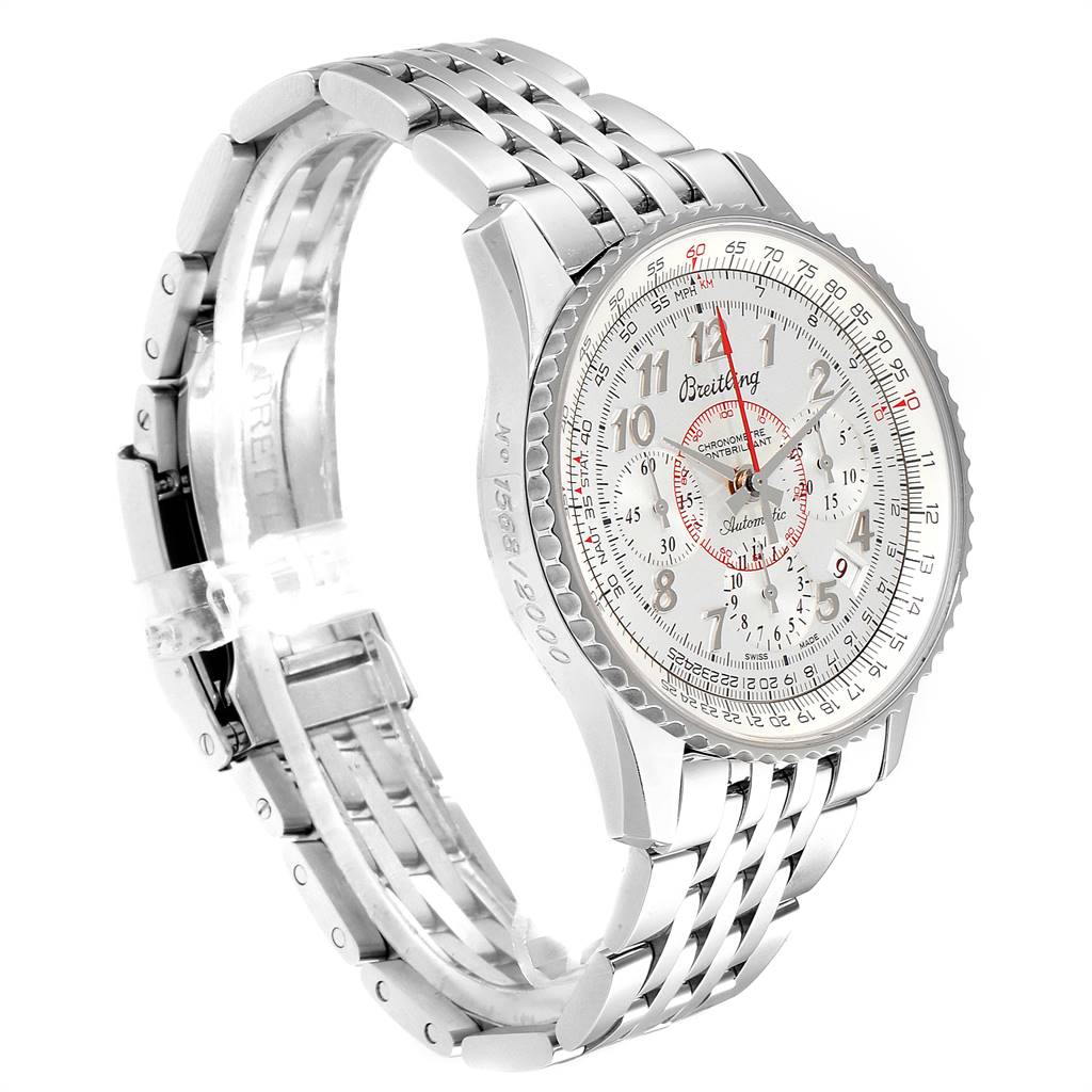 The image shows a side view of a Breitling Navitimer AB0131 Men's Stainless Steel Silver Dial AB0131 Men's Stainless Steel Silver Dial watch, highlighting its bezel, dial, and metal bracelet.