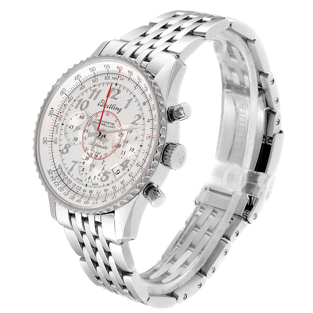 The image shows a Breitling Navitimer AB0131 Men's Stainless Steel Silver Dial AB0131 Men's Stainless Steel Silver Dial watch angled to display the face, bezel, crown, pushers, and bracelet.