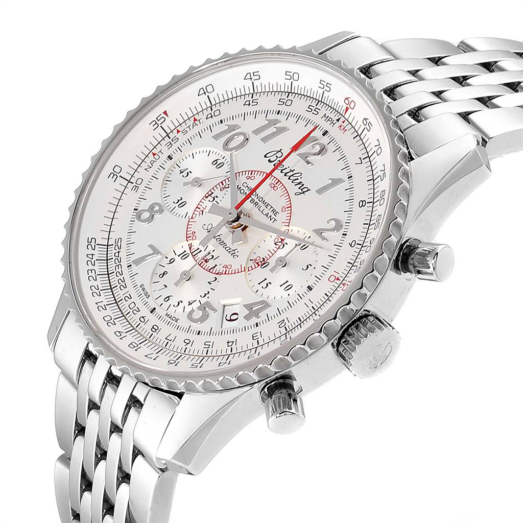 The image shows a Breitling Navitimer AB0131 Men's Stainless Steel Silver Dial AB0131 Men's Stainless Steel Silver Dial watch at an angle displaying its dial, bezel, crown, pushers, and part of the bracelet.