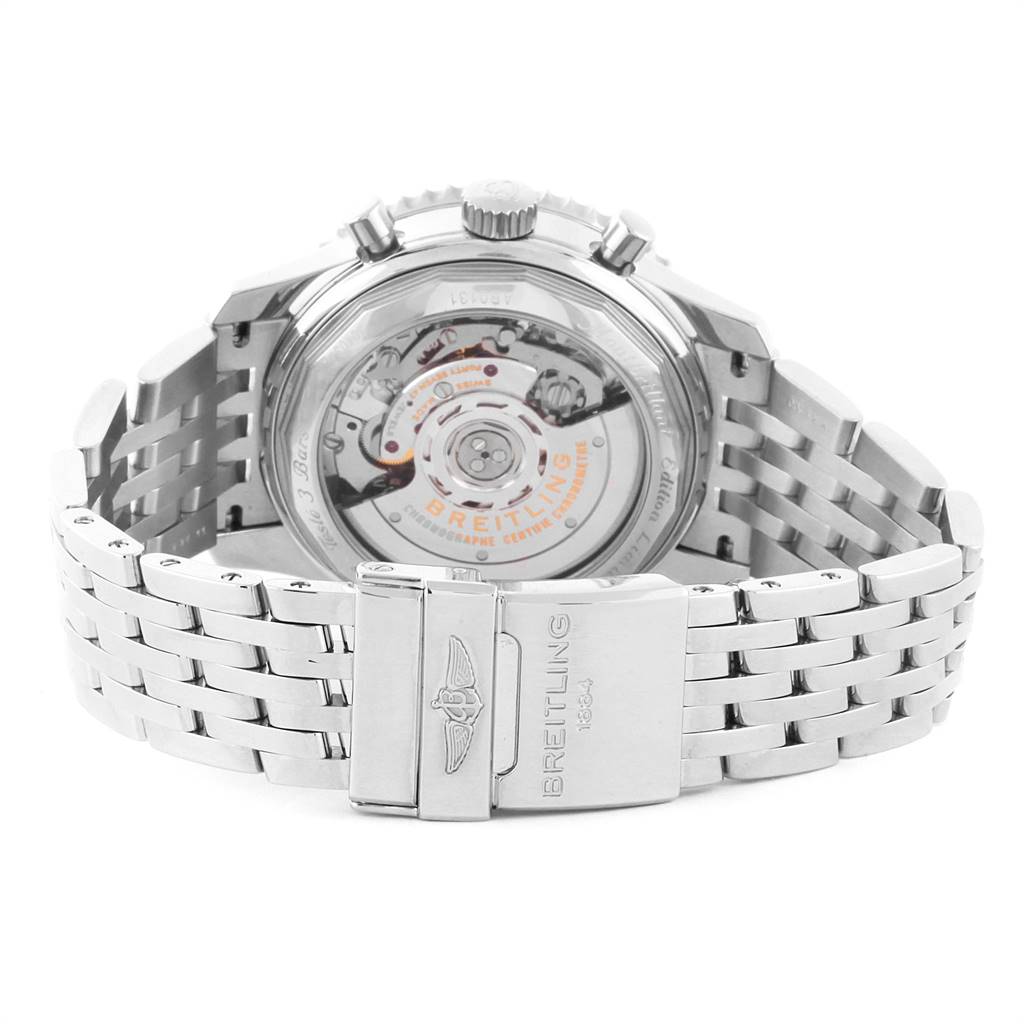 The image shows the back and bracelet of a Breitling Navitimer AB0131 Men's Stainless Steel Silver Dial AB0131 Men's Stainless Steel Silver Dial watch, highlighting its transparent case back and clasp.