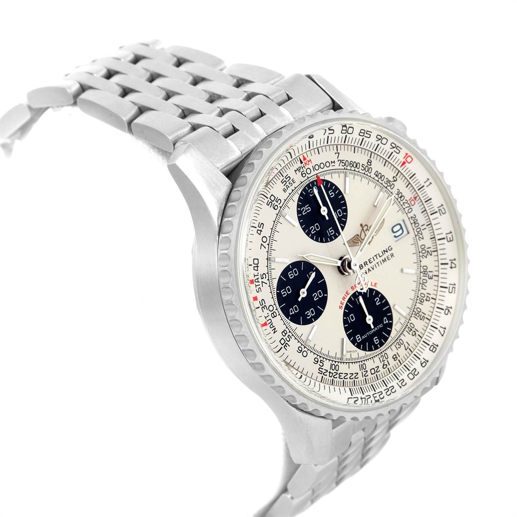 The image shows a Breitling Navitimer A13330 Men's Stainless Steel Silver Dial A13330 Men's Stainless Steel Silver Dial watch at a three-quarter angle, displaying its face, bezel, and partial metal bracelet.