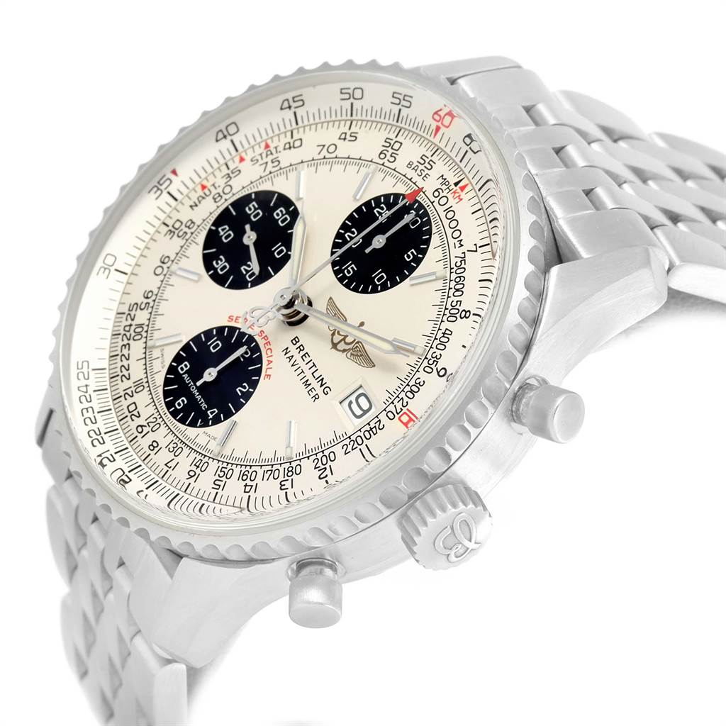 The image shows a close-up of the Breitling Navitimer A13330 Men's Stainless Steel Silver Dial A13330 Men's Stainless Steel Silver Dial watch face, bezel, crown, chronograph pushers, and metal bracelet.