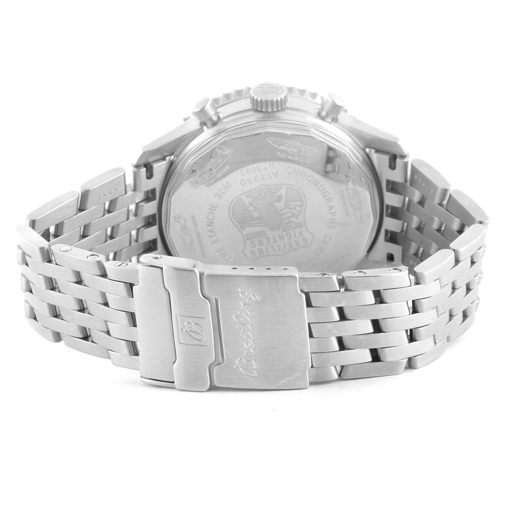 The image shows the back view of a Breitling Navitimer A13330 Men's Stainless Steel Silver Dial A13330 Men's Stainless Steel Silver Dial watch, highlighting the case back and metal bracelet with the Breitling logo on the clasp.