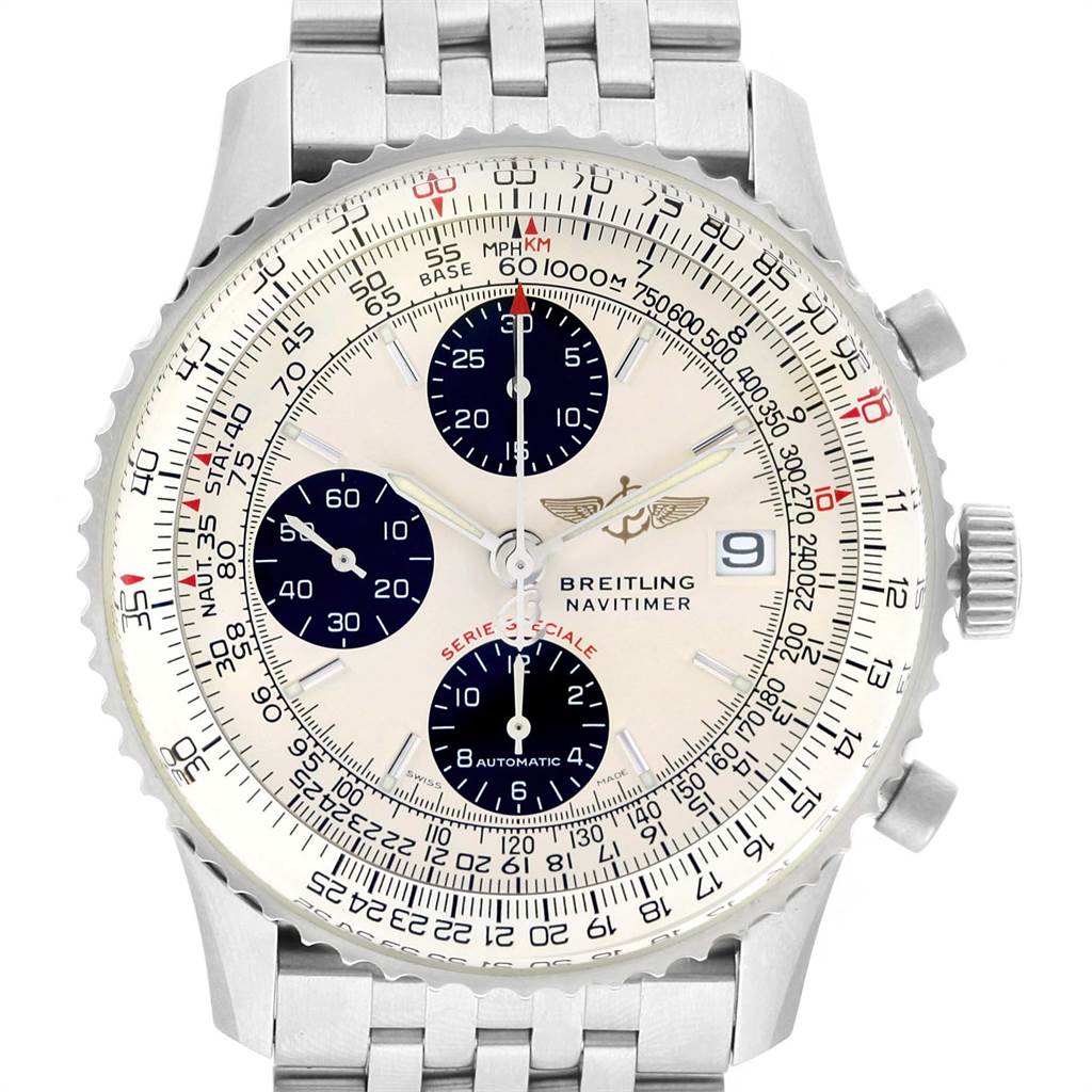 This is a front view of the Breitling Navitimer A13330 Men's Stainless Steel Silver Dial A13330 Men's Stainless Steel Silver Dial watch, showcasing the dial, bezel, chronograph subdials, and part of the metal bracelet.