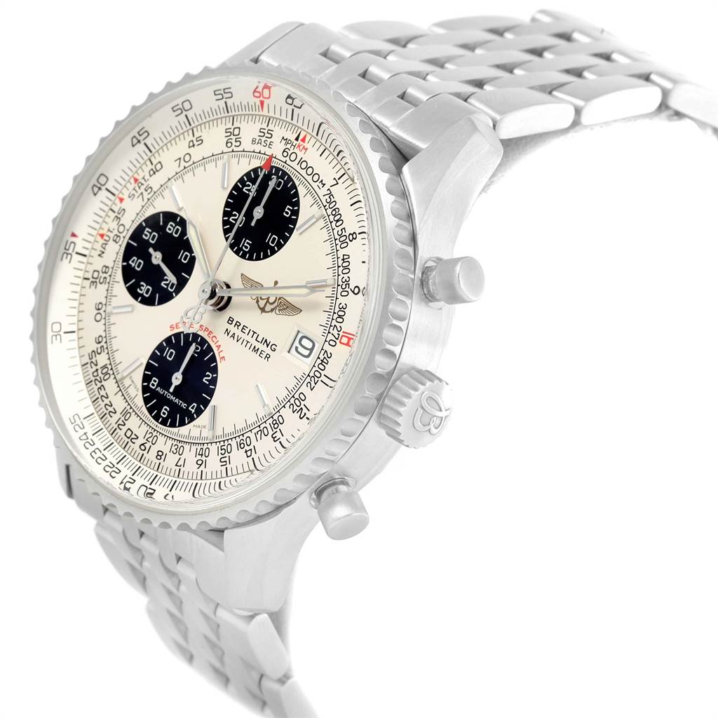 The image shows a side angle of a Breitling Navitimer A13330 Men's Stainless Steel Silver Dial A13330 Men's Stainless Steel Silver Dial watch, highlighting the dial, bezel, crown, and part of the metal bracelet.
