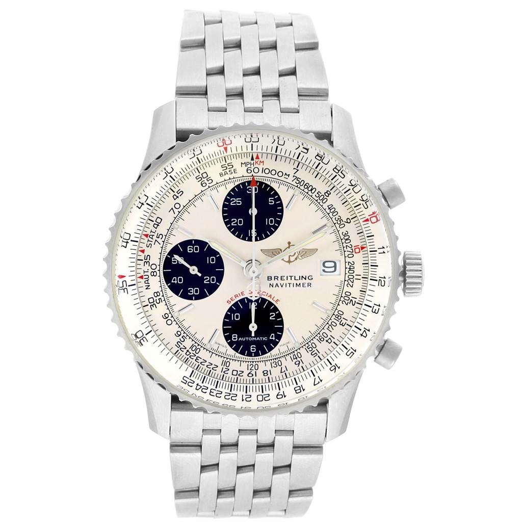 The image shows a front view of the Breitling Navitimer A13330 Men's Stainless Steel Silver Dial A13330 Men's Stainless Steel Silver Dial watch, highlighting its dial, bezel, and bracelet.