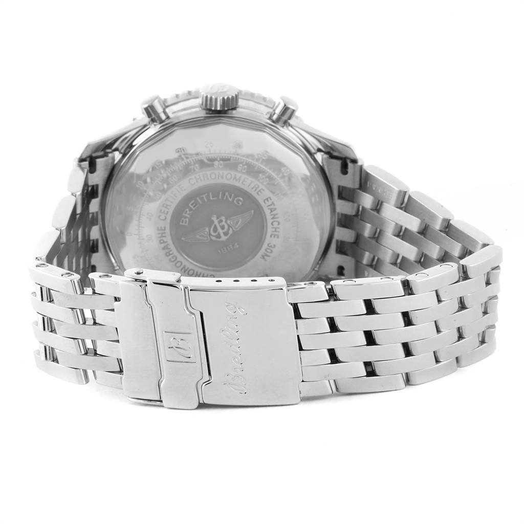 The image shows the rear case, crown, and bracelet clasp of the Breitling Navitimer A13322 Men's Stainless Steel Black Dial A13322 Men's Stainless Steel Black Dial watch.