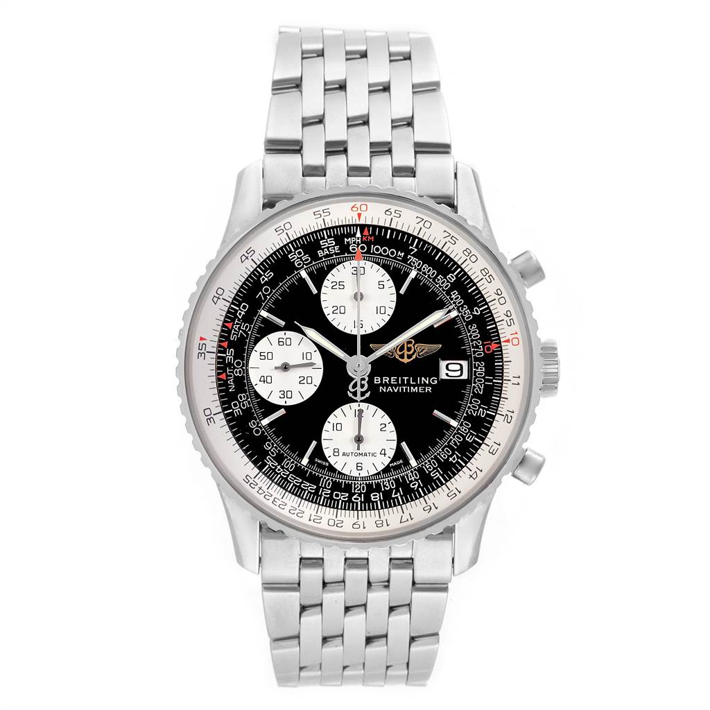 The image shows a Breitling Navitimer A13322 Men's Stainless Steel Black Dial A13322 Men's Stainless Steel Black Dial watch from a top-down angle, displaying its face and metal bracelet.