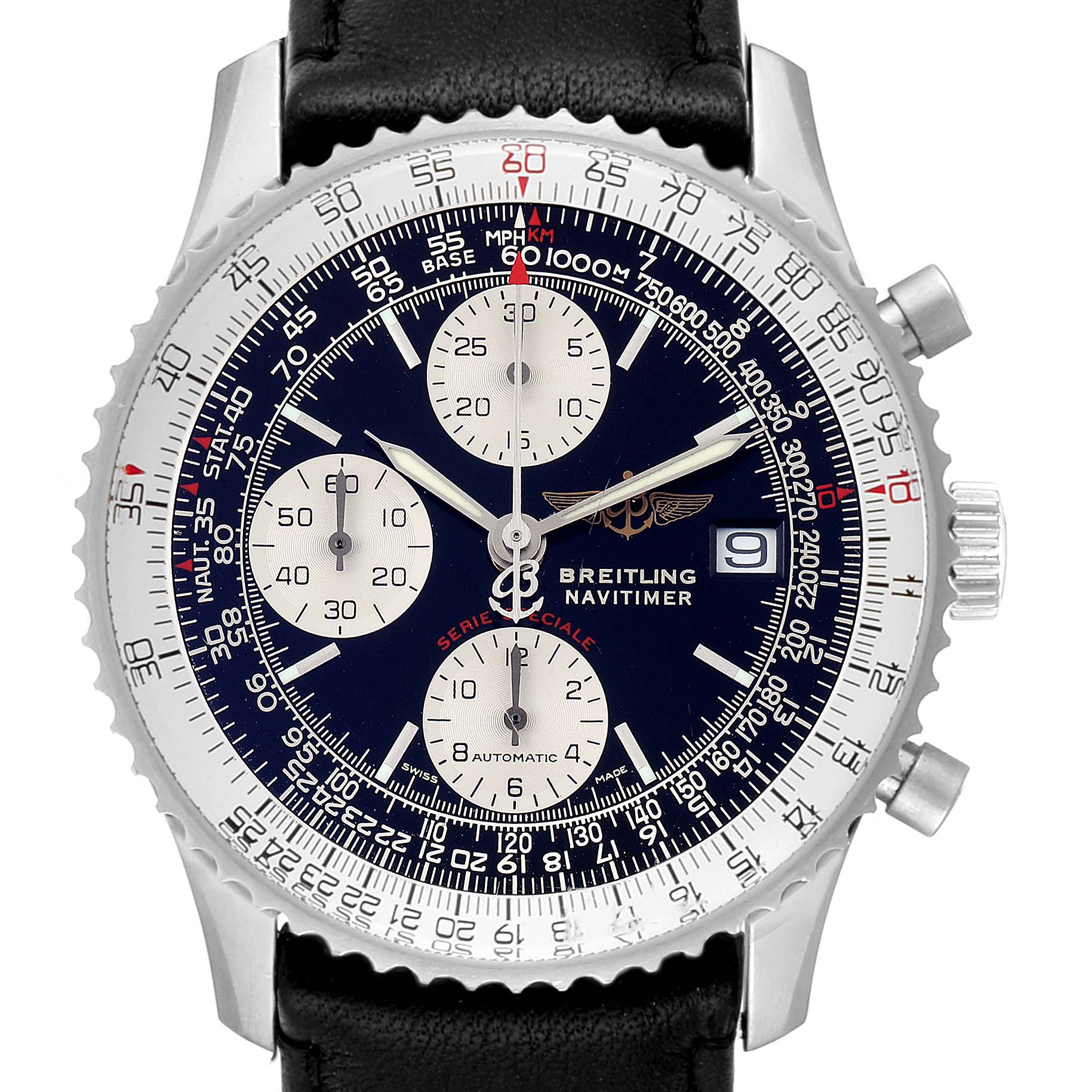 This image shows a front view of a Breitling Navitimer A13330 Men's Stainless Steel Black Dial A13330 Men's Stainless Steel Black Dial watch, highlighting the dial, sub-dials, bezel, and the leather strap.