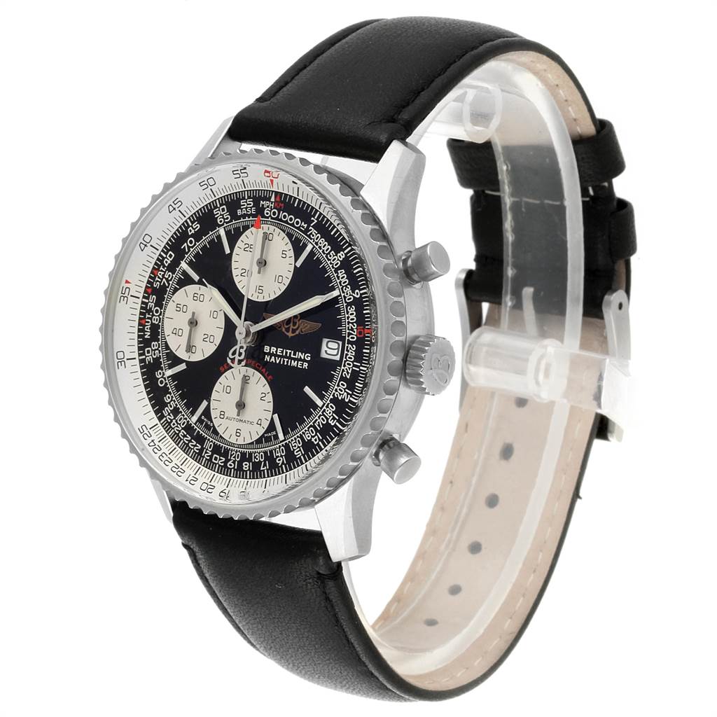The Breitling Navitimer A13330 Men's Stainless Steel Black Dial A13330 Men's Stainless Steel Black Dial watch is shown at a slight side angle, highlighting the dial, chronographs, bezel, and leather strap.