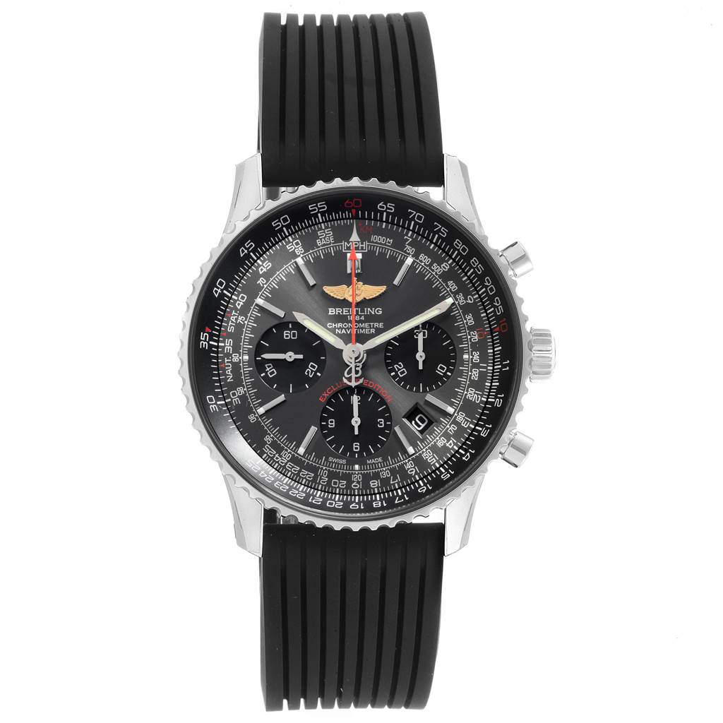 This Breitling Navitimer AB0121 Men's Stainless Steel Grey Dial AB0121 Men's Stainless Steel Grey Dial watch is shown from a top-down angle, displaying the face, bezel, and black strap.