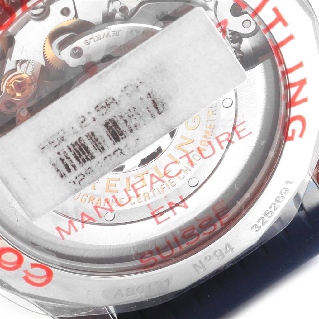 The image shows the inner mechanism and back casing of a Breitling Navitimer AB0121 Men
s Stainless Steel Blue Dial AB0121 Men
s Stainless Steel Blue Dial watch, viewed through the transparent case back.