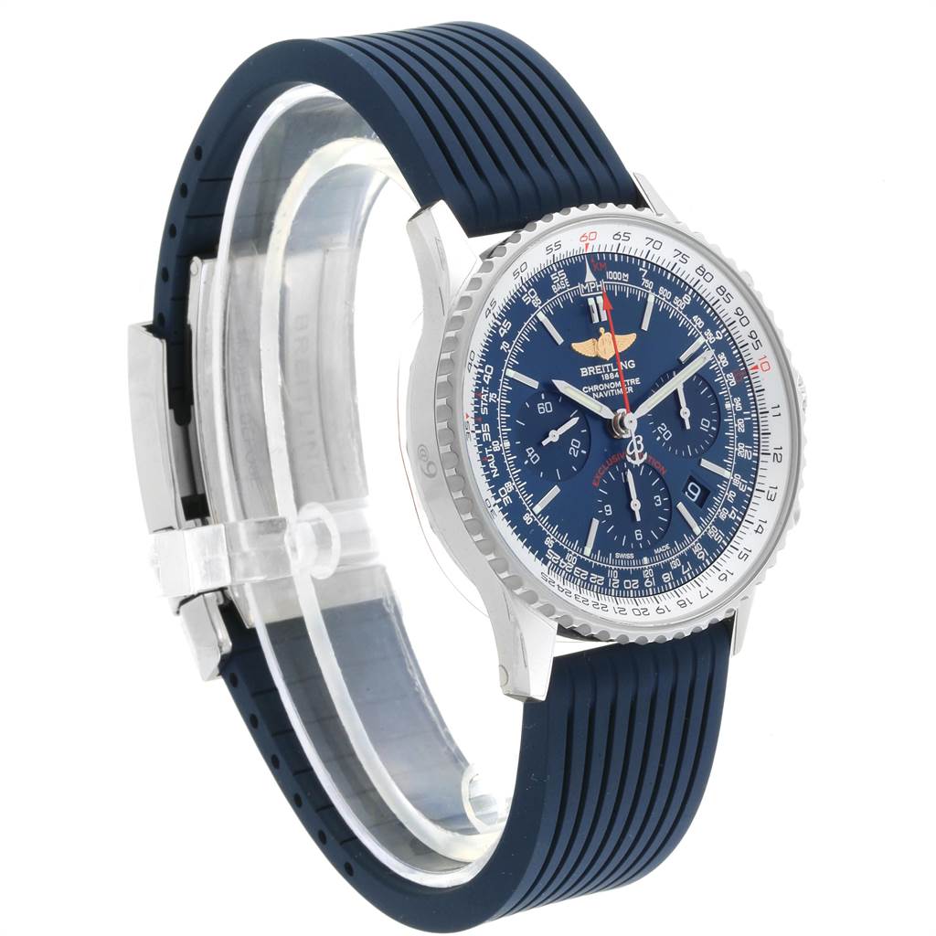 The watch, a Breitling Navitimer AB0121 Men
s Stainless Steel Blue Dial AB0121 Men
s Stainless Steel Blue Dial, is shown from an angle that displays the face and part of the strap.
