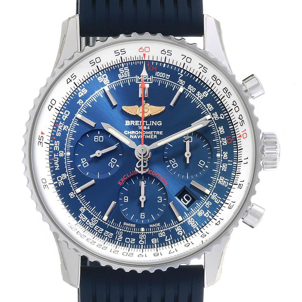 This image shows a front view of the Breitling Navitimer AB0121 Men
s Stainless Steel Blue Dial AB0121 Men
s Stainless Steel Blue Dial watch, highlighting its blue dial, chronograph subdials, and date window.