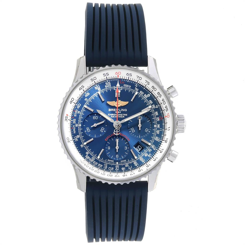 The image shows a front view of the Breitling Navitimer AB0121 Men
s Stainless Steel Blue Dial AB0121 Men
s Stainless Steel Blue Dial watch, including its blue dial, chronograph sub-dials, bezel, and rubber strap.